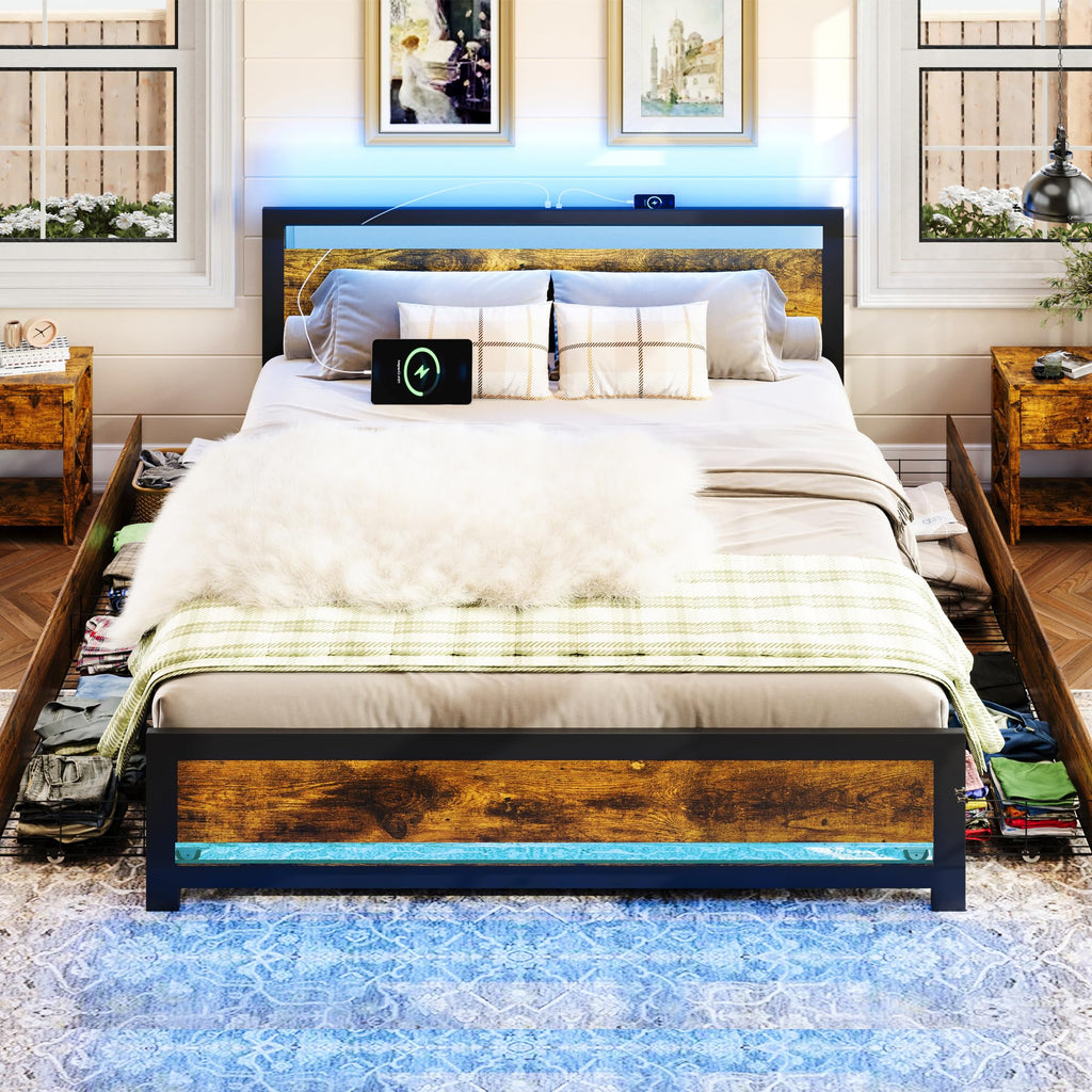 King Size Wood Bed Frame with 4 Storage Drawers J6935